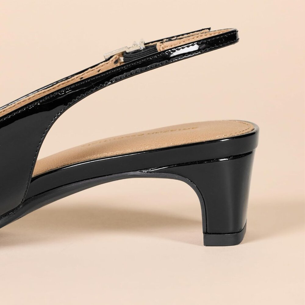 Women's Black Patent Pointed Toe Imported Slingback Comfort Blocked Heels - Picture 6 of 6